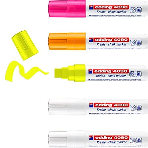 Image of edding 4090 chalk marker pen set - 2 white, 3 neon colours - 5 chalk pens - chisel tip 4-15 mm - wet wipe pen for chalkboards, windows, glass, mirrors - liquid chalk marker pens for opaque coverage