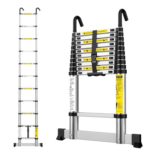 Image of EASelect Telescopic Ladder 3.2M Aluminium Extension Loft Ladder with Stabilizer Bar, Non-Slip Feet and Detachable Hooks, EN131, Portable Extendable Folding Ladders for Roof, Attic, Caravan