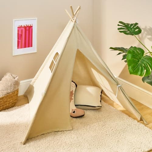 Image of OHS Teepee Tent for Kids Sleepover, Foldable Play Kids Tent Easy to Assemble Indoor Outdoor Children Teepee Tents Portable Garden Beach Canvas Playhouse with 4 Wood Poles, Natural