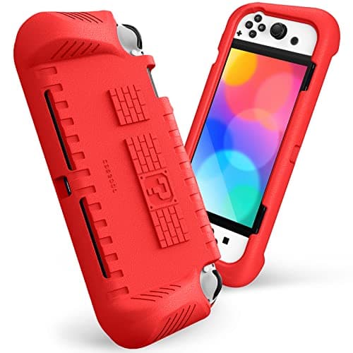 Image of FINTIE Kids Case for Nintendo Switch OLED Model 2021 with 2 Game Card Slots - [Kids Friendly] Ultralight Shockproof Protective Cover, Ergonomic Grip Case for Switch OLED Model Console 7.0", Red