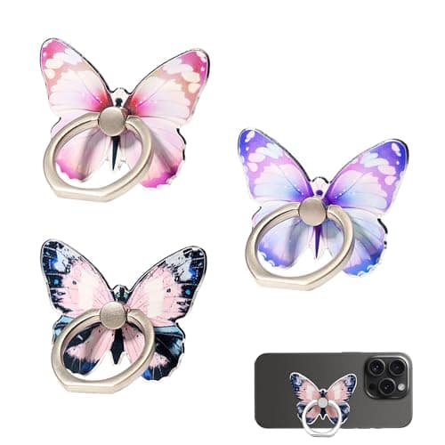 Image of 3PCS Butterfly Cell Phone Ring Stand Holder, Cute Butterfly Cell Phone Ring Hand Grip Holder 360° Rotation Finger Kickstand with Knob Loop for All Smartphones(Blue, Purple, Pink)