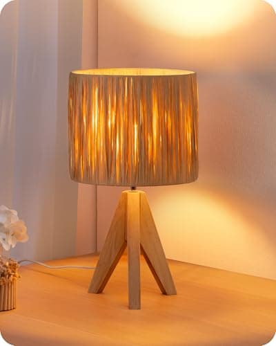 Image of EDISHINE Small Rattan Table Lamp, Rustic Wood Tripod Bedside Lamp, Wrinkled Paper Lampshade, Boho Desk Lamp for Living Room, Bedroom, Office, LED Bulb Included, E27 Base