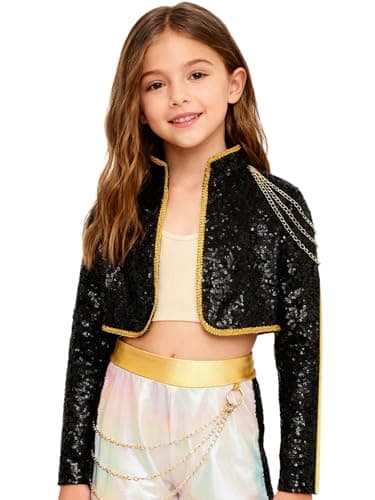 Image of renvena Girls Demon Popular Singer Coat Long Sleeve Sequin Cropped Jacket Top for Dance Performance Black 5-6 Years