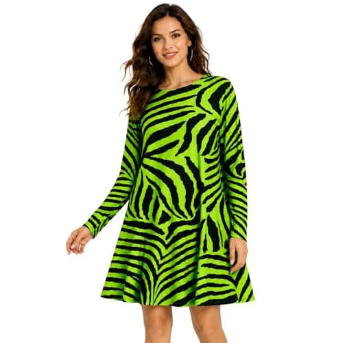 Image of janisramone Womens Ladies New Animal Zebra Print Long Sleeve Flared Skater Swing Dress Stretchy Mini Top Neon Green