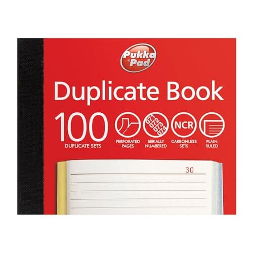 Image of Pukka Pad Plain Ruled Duplicate Book for Business and Sales – Stitched Binding, 100 Numbered Entries Per Book, Carbonless Copies, Perforated Pages for Easy Removal, 137x203mm