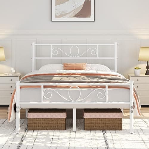 Image of Yaheetech 4ft6 Double Metal Bed Frame Solid Bedstead Base with Headboard and Footboard, Metal Slat Support and Underbed Storage Space, White
