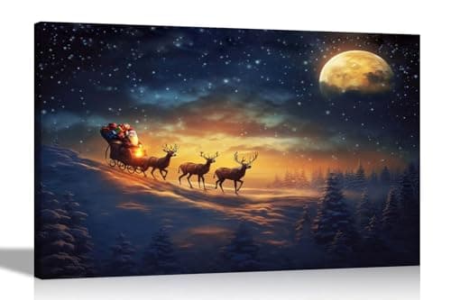 Image of Artley Prints - Santa in Sleigh and Reindeers Landscape Canvas Prints for Living Room, Office, Bedroom Christmas Wall Art 30 x 20cm (12 x 8 inches) A4