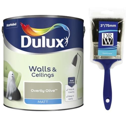 Image of Overtly Olive Walls & Ceilings Matt Emulsion Paint 2.5L + 3" Emulsion Paint Brush – Smooth Creamy Finish, Quick Dry, Low VOC, Easy Application for Walls & Ceilings