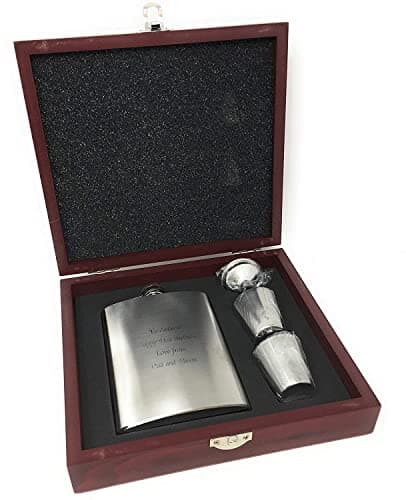 Image of Personalised 8oz Stainless Steel Hip Flask Gift Set in Wooden Presentation Box - Engraved with Name and Message of Your Choosing - Wedding Birthday Fathers Day Gift