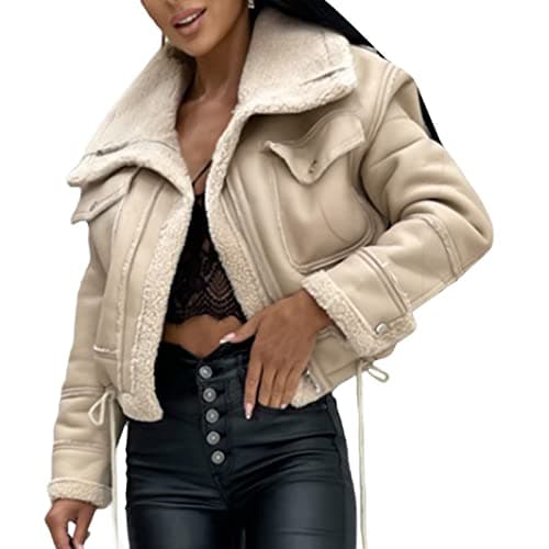 Image of FeMereina Women Faux Suede Leather Jacket Motorcycle Biker Sherpa-Lined Coat Fur Collar Winter Aviator Leather Coat Bomber Jacket (Light Khaki, M)