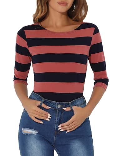Image of Allegra K Women's Elbow Sleeves Top Casual Boat Neck Slim Fit Stripe T-Shirt Hot Pink Navy XS