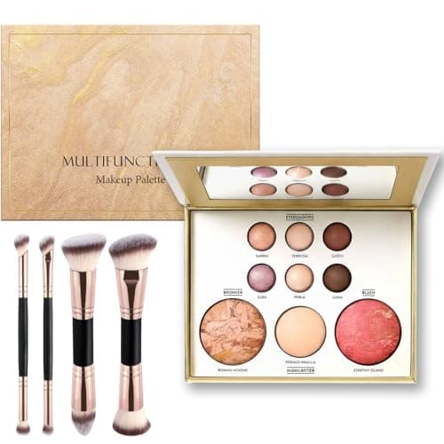 Image of All-in-One Baked Starter Makeup Palette Kit, Cosmetic Make Up Starter Kit with Bronzer,Blush,Highlighter & 6 Eyeshadows and Brushes,Full Size Makeup Gift Set for Mature Skin,Perfect Make-Up Gift Idea