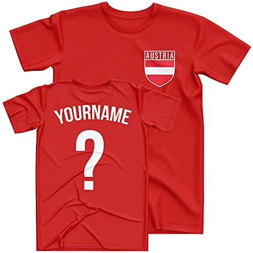 Image of Austria Football Shirt Kids - Kids Austria Flag Badge Custom Name And Number T Shirt - Football Personalised Retro Europe Summer 2021 Footy Gifts For Boy - Unique European Footie Top, 9-11 Years, Red