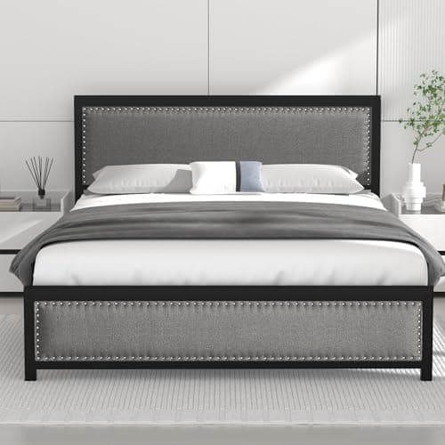 Image of VECELO Double Bed Frame with Upholstered Linen Headboard and Footboard, Heavy-Duty Platform with Strong Metal Slats, No Box Spring Needed, Easy Assembly, Grey