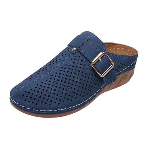 Image of comfort suede clogs Closed Toe Sandals for Women Fashion Wide Fit Slip On Clogs Mule Slippers with Arch Support Lightweight Hollow Out Floral Wedge Slides flat leather mules for women Blue