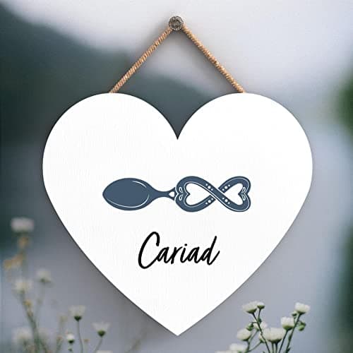 Image of Global Designs Cariad Love Welsh Love Spoon Wooden Heart Hanging Plaque