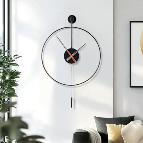 Image of CROWNSHOP Large Wall Clock Classical Decorative 19.6in/50cm with Pendulum Modern Non-Ticking Silent Metal Wall Clocks Decorative Creative Art Clocks for Home Living Room Bedroom Study Office (Black M)