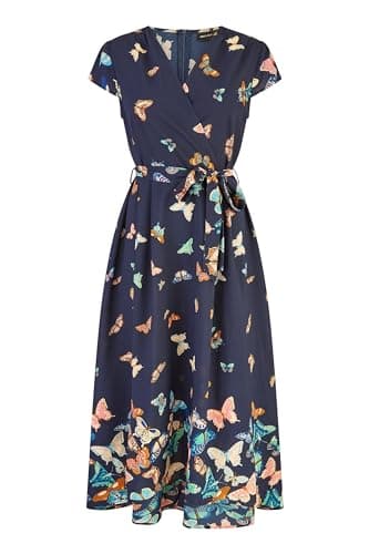 Image of Mela London Mela Navy Butterfly Print Dip Hem Midi Wrap Dress 10 Navy