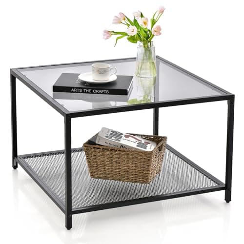 Image of COSTWAY Square Coffee Table, Tempered Glass Sofa Side Table with Adjustable Foot Pads, Metal Frame Accent Center Table for Living Room Bedroom Office (with Mesh Shelf, Grey+Black)