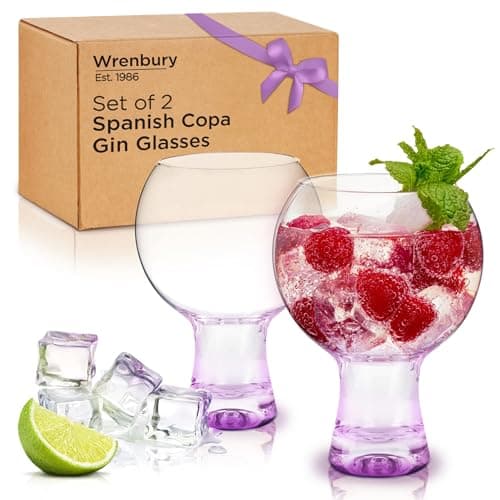 Image of Wrenbury Unusual Gin Glasses Set of 2 - Fish Bowl Balloon Glasses 540ml - Funky Coloured Cocktail Goblets with Coloured Stems - Gin Glass Gifts for Women - Purple Tint