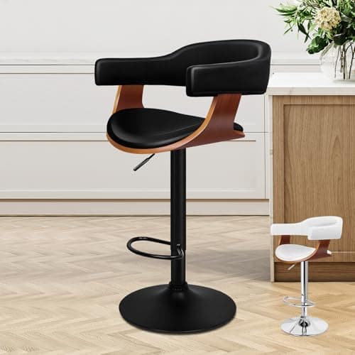 Image of ALFORDSON Bar Stool, Adjustable Barstools PU Leather, 360° Swivel Wooden Kitchen Chair with Backrest and Footrest, for Dining Room Pub Bar Countertop, Joan Series, Black (1 Pc)