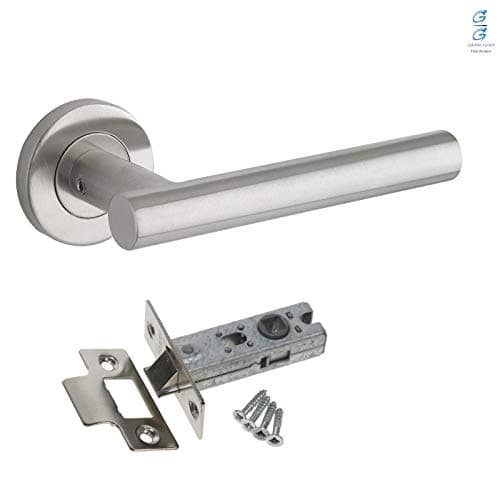 Image of Golden Grace Straight T-Bar Door Handles in Brushed Steel Finish On Round Rose with Tubular Latch - 1 Pair