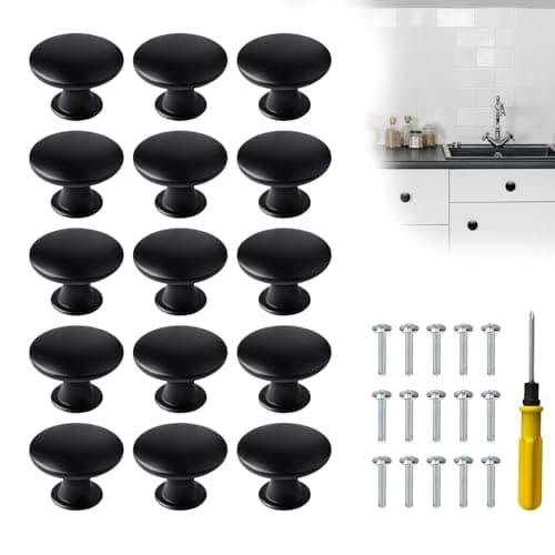 Image of 15 Pcs Black Drawer Knobs 30mm, Vintage Cabinet Handles With 15 Screws and Screwdriver for Wardrobes, Kitchen, Cupboard, Furniture