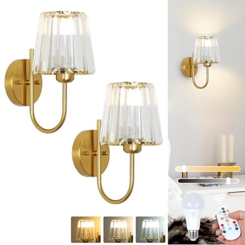 Image of Stepeak Rechargeable Wall Lights Set of 2, Battery Operated Wall Lights with USB Bulb & Remote, Gold Battery Operated Wall Sconces with Crystal Shade, Glass Wireless Wall Lamp Indoor for Bedroom