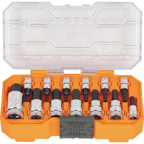 Image of Klein Tools 65213HEXM Knurled Hex Bit Socket Set, 1/4, 3/8 and 1/2-Inch Drives, Premium Cr-V Steel, Metric Sizes 2 mm to 14 mm, MODbox Case, 13-Piece