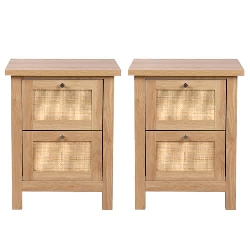 Image of Hallowood Furniture Newquay Oak Effect Bedside Table with 2 Drawers and Rattan Front Set of 2, Narrow Bedside Table, Lamp Table, Bedroom Storage Unit, Nightstand, Side Table for Living Room
