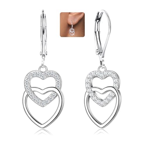 Image of LOLIAS 925 Sterling Silver Heart Dangle Earring for Women Girls Silver Hoop Earrings Multicolored Cubic Zirconia Drop Earrings Hypoallergenic Double Heart Huggie Hoops Earrings