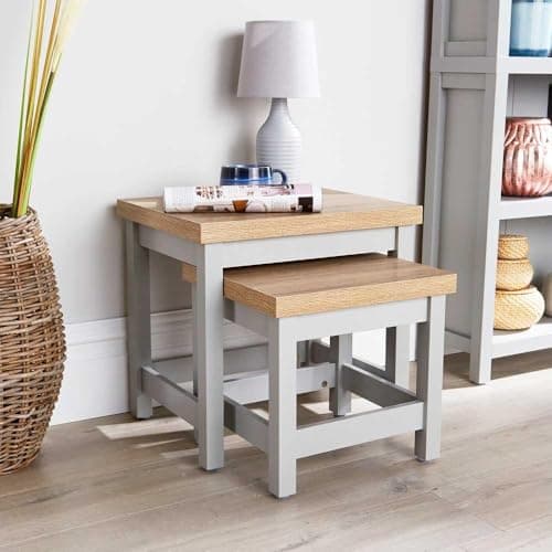 Image of Home Source Nest of 2 Occasional Side End Tables, Stackable, Oak Effect, Grey