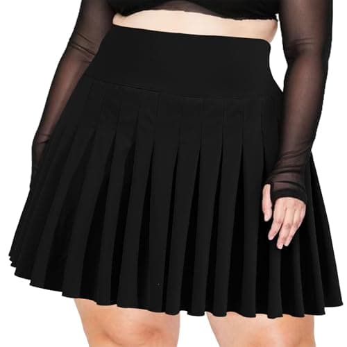 Image of Moon Wood Women's Plus Size Mini Skirt High Waist Casual Pleated Skirt with Shorts Stretchy Versatile Tennis Skorts Black L