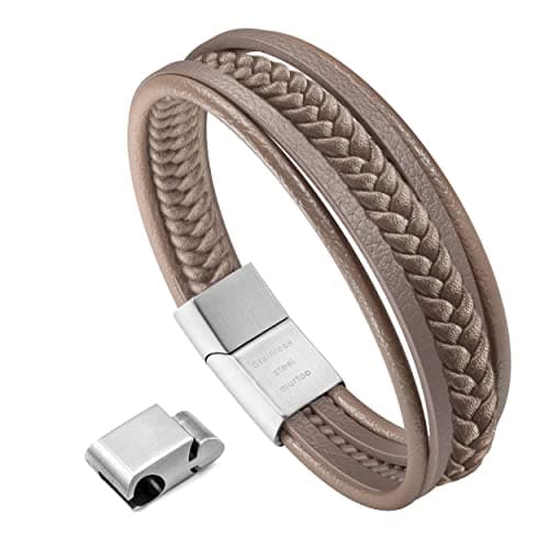 Image of murtoo Bracelet for Man Cowhide Genuine Leather Women Unisex Cuff Wrap Bracelet Brown Black Multi-Layer Magnetic Clasp Rope Wristband (Cappuccino Beige, 8.7)