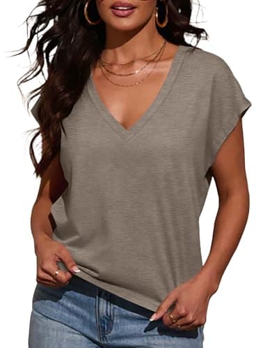 Image of INFITTY Women's T-Shirts Oversized Short Sleeve Basic Going Out Tops Ladies Shirt V Neck Loose Fit Summer Tee Tops Grey M