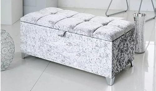 Image of mm08enn Large and Medium Size Ottoman Storage Toy Box in Plush Fabric and Cushed Velvet with Chrome Feet (Grey Crushed Velvet Fabric, Large Size Ottoman)