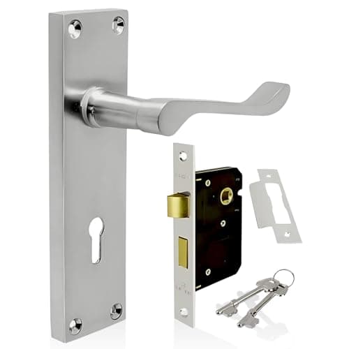Image of HANDLESTORE Victorian Scroll Locking Lever Door Handle on Backplate – Satin Chrome Interior Handles with 2.5" Mortice Sash Lock & Screws (Pair)