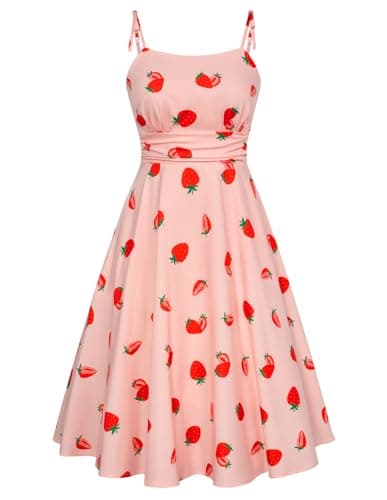 Image of Belle Poque Pink Dress Casual Flowy Swing Maxi Long Dress for Beach Holiday Cute Strawberry Print Dress for Daily Casual BP0928-03 XXL