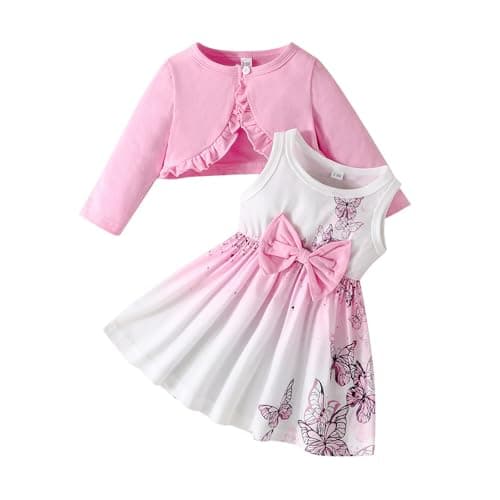 Image of XIXIMAON Kids Girls Dress and Cardigan Set Butterfly Heart Floral Sleeveless Tank Sundress Ruffle Coat Baby Girl Winter Outfit Toddler Autumn Clothes (Pink, 3-6 Months)