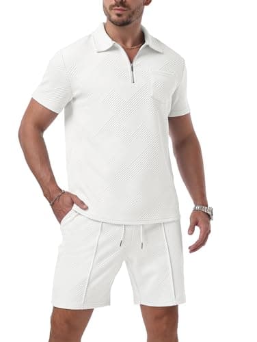 Image of QIXING Mens Shorts and T shirt Sets Polo Colloar Mens Summer 2 Piece Holiday Clothes Co ord Shorts Set with half Zip Tracksuit (White, L)