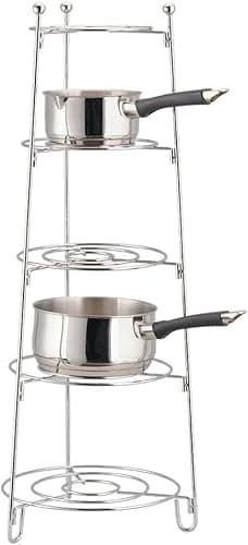 Image of New Durable 5 Tier Silver Pan Rack, Pan Stand, Pan Organiser, Multi Layer Kitchen Shelf, Durable Chrome Wire Shelves, Fre Standing Stainless Steel Pot Holders Kitchen Decor