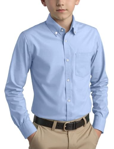 Image of Spring&Gege Boys Long Sleeve Uniform Cotton Twill Button Down Shirt for Children Light Blue Size 13-14 Years
