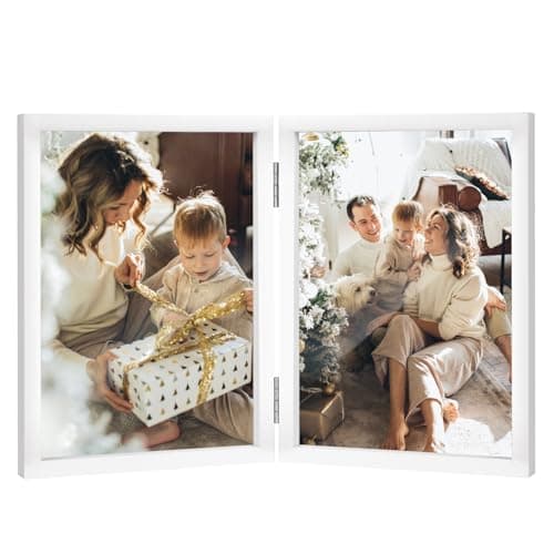Image of Double Photo Frame 4x6 Hinged Folding Wood Picture Frame with Glass Front Stand Vertical on Desktop White