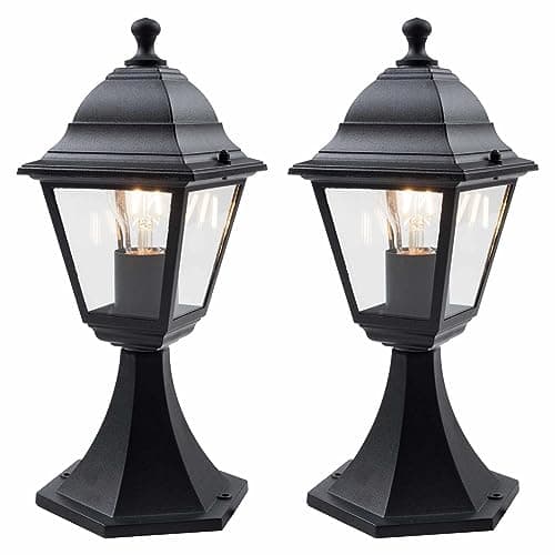 Image of firstchoicelighting Set of 2 Modern Black with Clear Glass Lantern Design Outdoor Post Lights, Garden Pedestal Light, IP44 Rated, Compatible with LED Bulbs