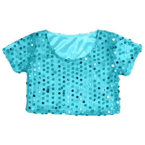 Image of 2026 Carnival Girls Glitter Sequin Crop Top Short Sleeve Shirt for Stage Performance Singing Dancing and Show Elastic Tee (Sky Blue, 3-8 Years)
