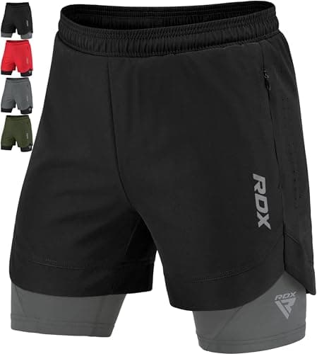 Image of RDX Men’s Running Shorts, 2 in 1 Athletic Breathable Short Compression Liner, 2 Zipper and 2 Phone Pockets, Adult & Kids Lightweight Quick Drying Elastic Shorts for Sports Workout Jogging Cycling Gym
