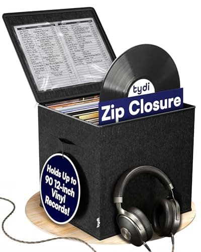 Image of Tydi Vinyl Record Storage Box with Zip Closure – Holds Up to 90 12 Inch Vinyl Records – Collapsible Crate, LP Storage Boxes, Records Box – Home Storage Use Vinyl Storage Box