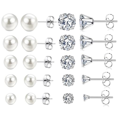 Image of 10 Pairs Pearl Earrings For Women and Cubic Zirconia Hypoallergenic Stud Earrings For Women, Silver Small Pearl Studs Earring In 5 Sizes 3/4/5/6/7mm, Helix Piercing Jewelry Gifts
