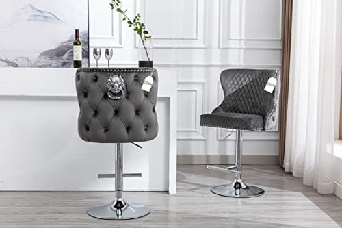 Image of ASR INTERIORS® Valentino Grey Plush Velvet Bar Stool with Backrest – Adjustable Height, Chrome Base, Studded Design, Comfortable & Stylish Breakfast Bar Stools for Kitchen & Home (1 Stool, Grey)
