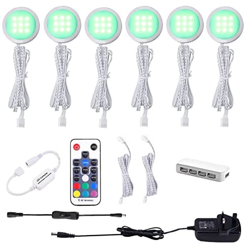 Image of AIBOO Under Cabinet Kitchen Lights RGB 6 Pack with Remote,LED Under Cabinet Light Colour Changing Puck Light 12V Ultra Slim Dimmer&Timer Under Cupboard Kitchen Lights Pulg in,Under Counter Light